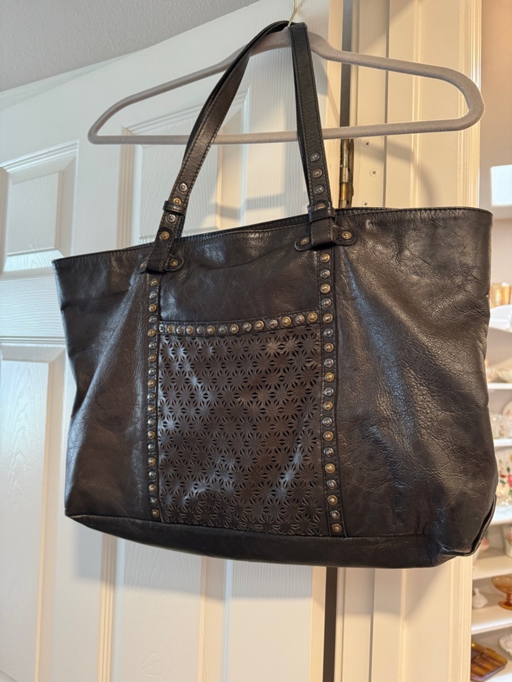Black Leather Studded Tote Bag with Laser-Cut Front Pocket - Women